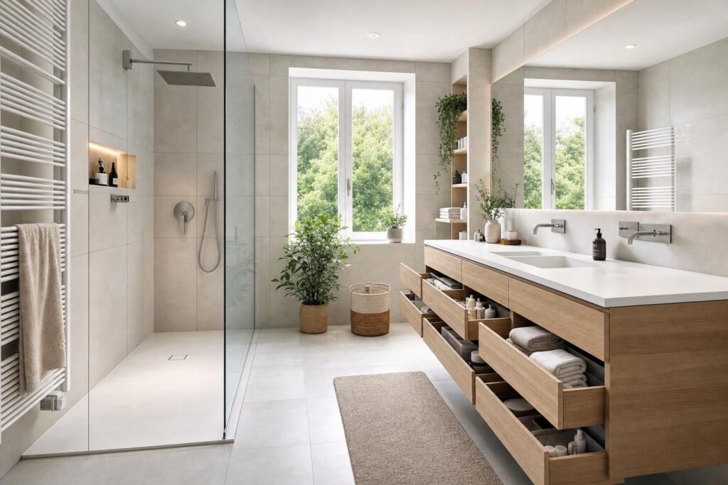 découvrez nos conseils pratiques pour aménager une salle de bain fonctionnelle, alliant espace, confort et esthétisme afin d'optimiser chaque centimètre.